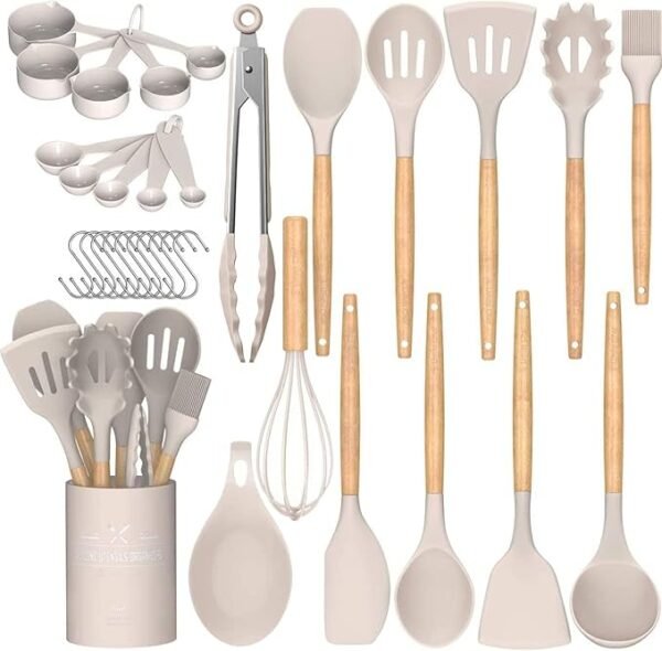 Umite Chef Kitchen Cooking Utensils Set, 33 pcs Non-Stick Silicone Cooking Kitchen Utensils Spatula Set with Holder, Wooden Handle Silicone Kitchen Gadgets Utensil Set (Khaki))